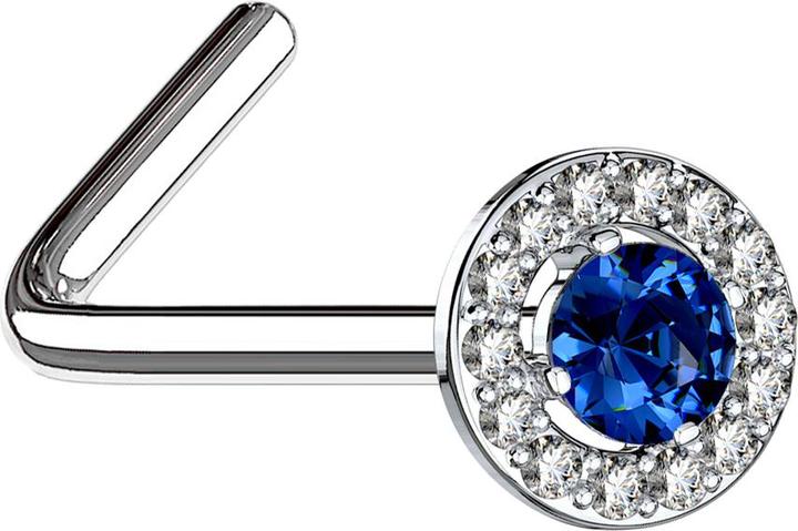 Image du produit Star Piercing Clou de nez coudé argent cercle de cristal avec grand cristal bleu (Laiton, Acier chirurgical 316L)