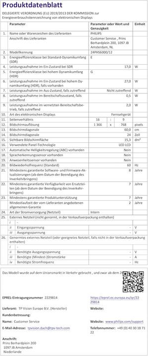 Nutritional values and ingredients Philips 24PHS6000/12 (24", PHS6000, LED, HD, 2025)
