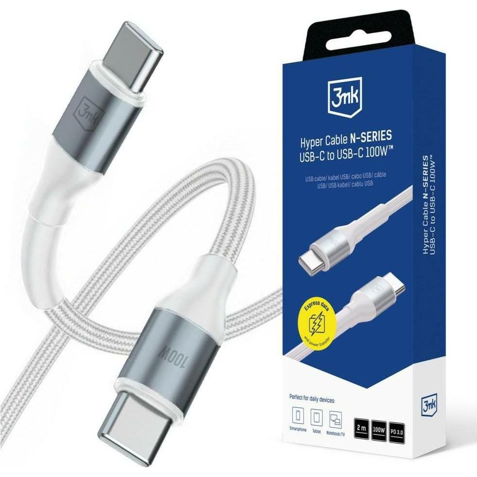 3MK Kabel Hyper Cable N-SERIES USB-C do USB-C 2m PD 3.0 QC 3.0 20V/5A 100W Biały (2 m, 100 W), Cavo USB