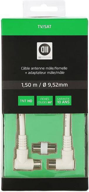 Image du produit D2 Diffusion C ble Coaxial m le/femelle Fiches coudé à 90 des 2 c tés 1.50 m Blanc 9.52 mm (Câble d'antenne)