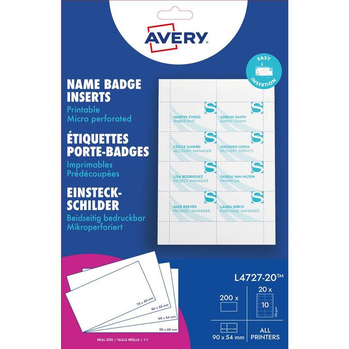 Immagine prodotto Avery Inserti stampabili per badge, 54 x 90 mm, bianco