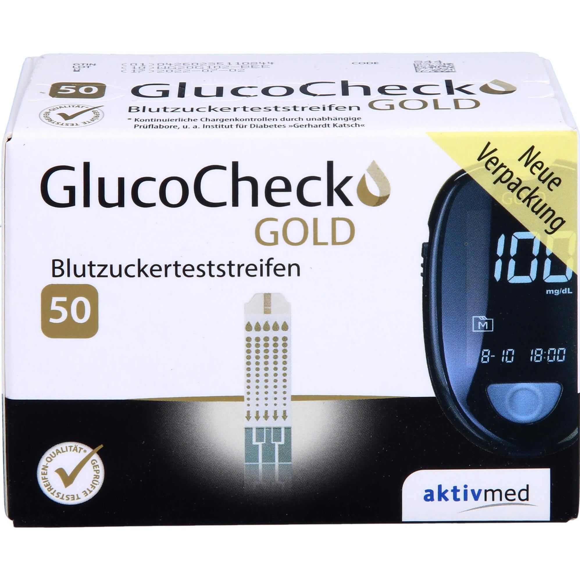 Thumbnail - Gluco Check, Bluttest, GlucoCheck Gold Blutzuckerteststreifen, 50 St. Teststreifen (Teststreifen)