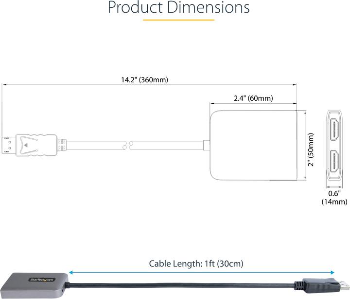 Productafbeelding StarTech com DP naar Dual HDMI MST HUB - Dual HDMI 4K 60Hz - DisplayPort Multi Monitor Adapter met 1f (HDMI, 4.30 cm)