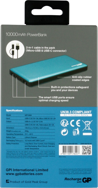 Image du produit GP Batteries Powerbank MP10MA 3A 10000mAh 3xUSB TypeC 130MP10MAMIDTEL (10000 mAh, 37 Wh)