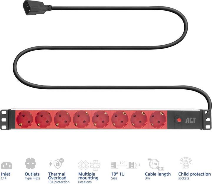 Productafbeelding ACT Extension lead PDU 19" C14 IEC60320 with 8 type F sockets, 3m H05VV-F 3G1.0