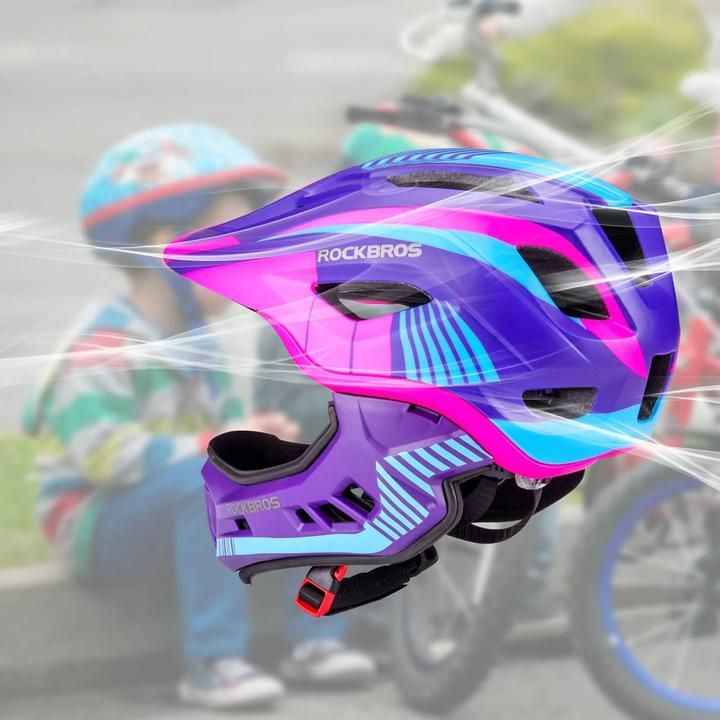 Immagine prodotto Rockbros TT-32SBPP-S casco da bicicletta per bambini con mentoniera staccabile, taglia S - rosa-viola (48 - 53 cm)