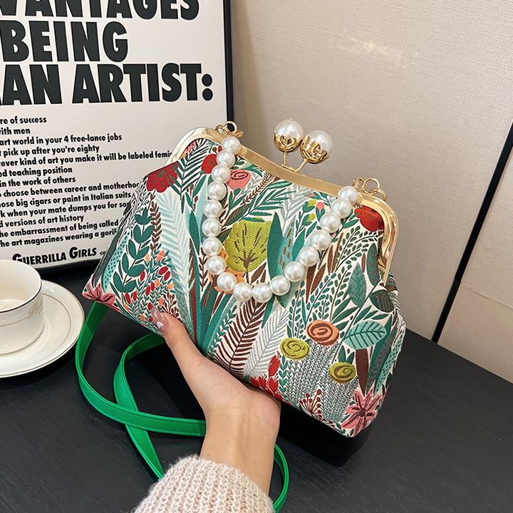 Only-Bags.Store Vintage-inspirierten Blumenmuster Design Kupplung Tasche mit faux Perle Griff, modische