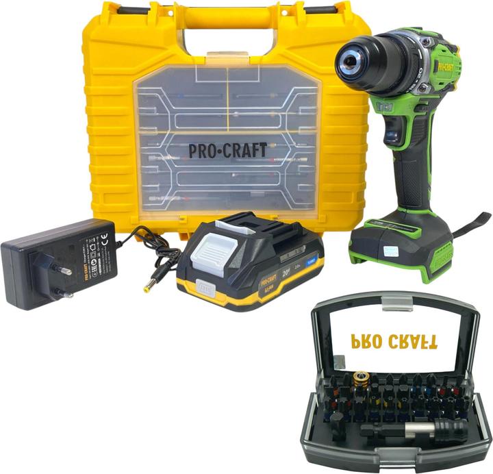 Produktbild Procraft PA18Pro2-1B-C Akku Bohrschrauber 20 V 30 Nm Brushless + 1x Akku 2,0 Ah + Ladegerät + 32 (Bohrschrauber)