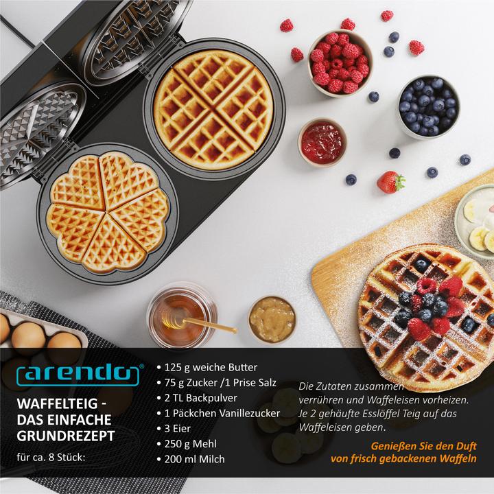 Produktbild Arendo Waffeleisen mit 2x Waffelplatten, 1400 W, Temperaturregler, Antihaftbeschichtet, Edelstahl, BPA frei