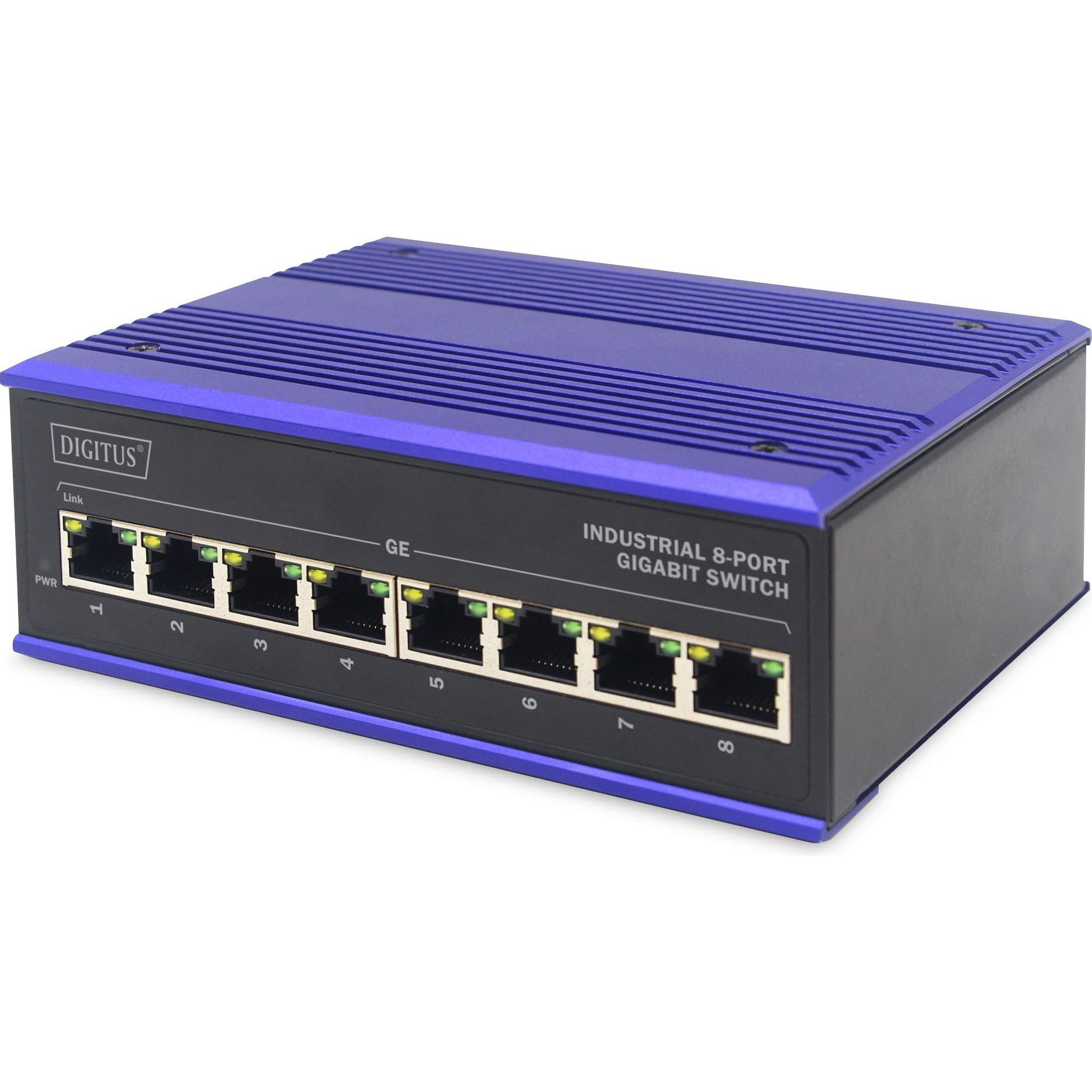 Thumbnail - Digitus Industrieller 8-Port Gigabit Switch (8 Ports), Netzwerk Switch, Schwarz, Blau