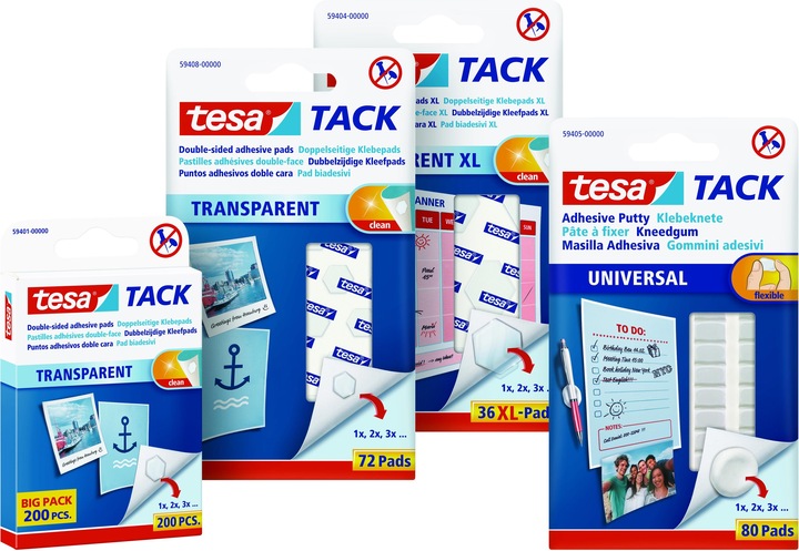 Actual product image tesa 3x TACK adhesive putty, mouldable adhesive pads, 3 x 80 pieces