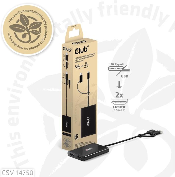 Actual product image Club 3D Club3D Adapter USB-C (USB A Adapter) > 2x HDMI 4K@60Hz St/Bu retail (HDMI, 18.50 cm)