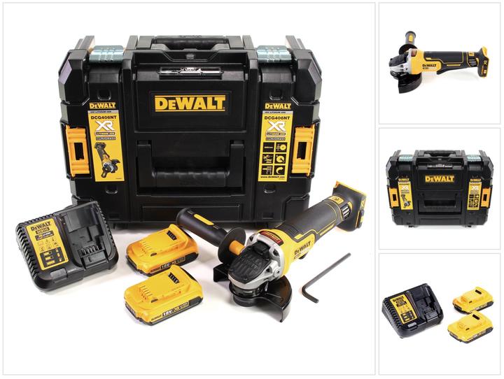 1x DeWalt TSTAK, 1x strumento di montaggio, 1x dado a sgancio rapido, 1x maniglia laterale, 1 caricatore Dewalt DCB, 1x Smerigliatrice angolare a batteria senza spazzole DeWalt DCG 406 18 V 125 mm, 2x batteria DeWalt DCB 183 18V 2 Ah