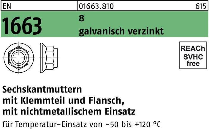 Actual product image Hexagon nut EN 1663 w.clamping part/flange M 16 8 electrogalvanised (M16)