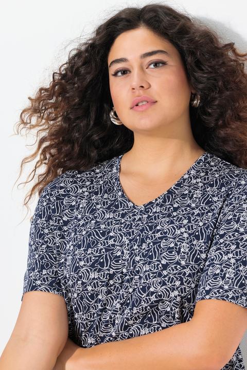 Produktbild Ulla Popken T-Shirt, Fische, Zierfalten, V-Ausschnitt, Halbarm (46, 48)