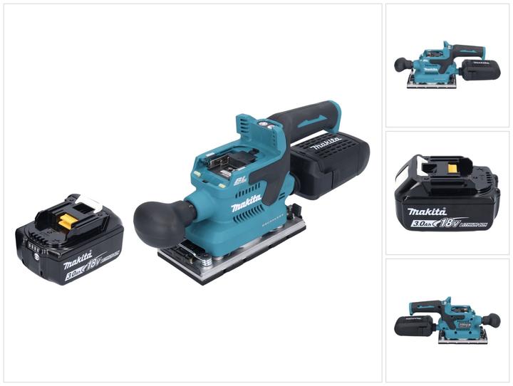 1x Makita DBO 382 Schwingschleifer · 1x Staubbox kpl. (135327-0) · 1x Lochungsplatte (451271-6) · 1x Akku-Schutzabdeckung (422807-8) · 1x Makita BL 1830 B 18 V 3,0 Ah Akku