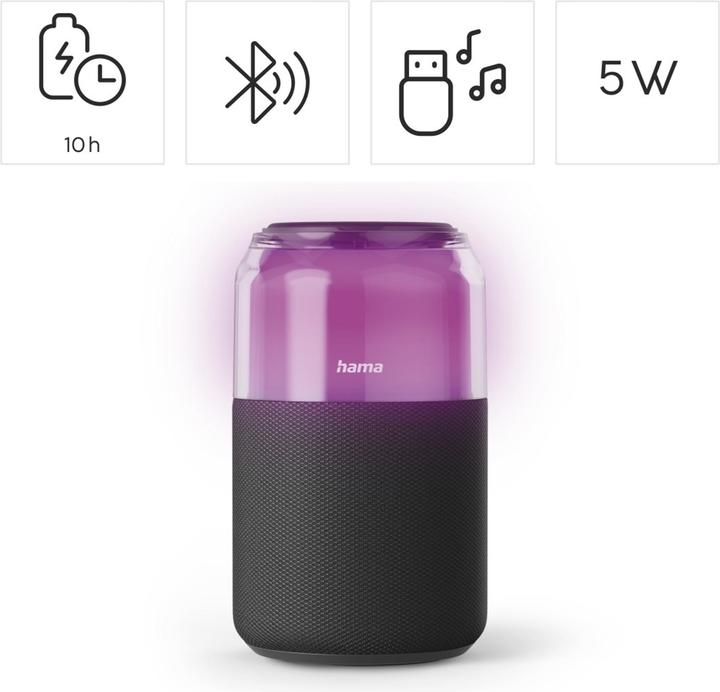 Immagine prodotto Hama Bluetooth®-Lautsprecher "Can Speaker", 4 LED-Licht-Modi, 5W, Schwarz (10 h)
