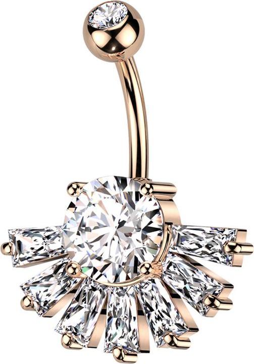 Produktbild Star Piercing Banane rosegold mit Kugel Kristall silber und Fächer Kristalle Baguette silber (Messing, Chirurgenstahl 316L)