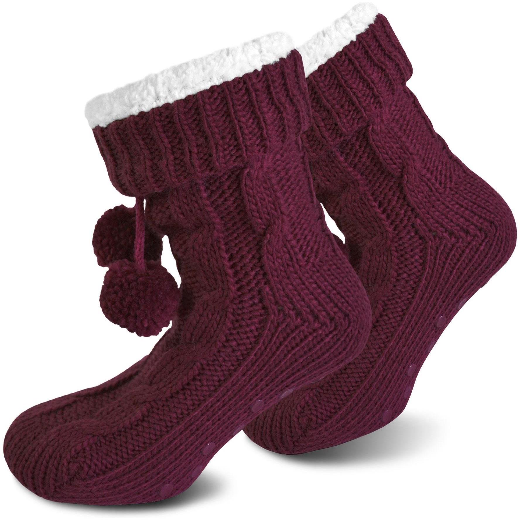 Normani, Damen, Socken, Strick-Hausschuhe mit Bommeln und ABS, Rot, (Einzelpack, 36 - 40)