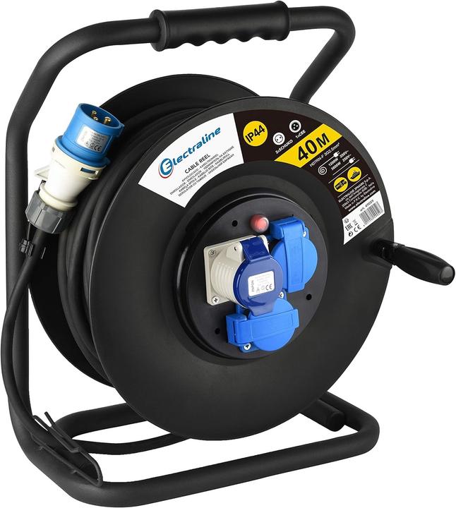 Electraline Verlängerungskabel mit Kabeltrommel, 2 CEE- und 1 Schuko-Steckdose, IP44, 40 m (40 m)