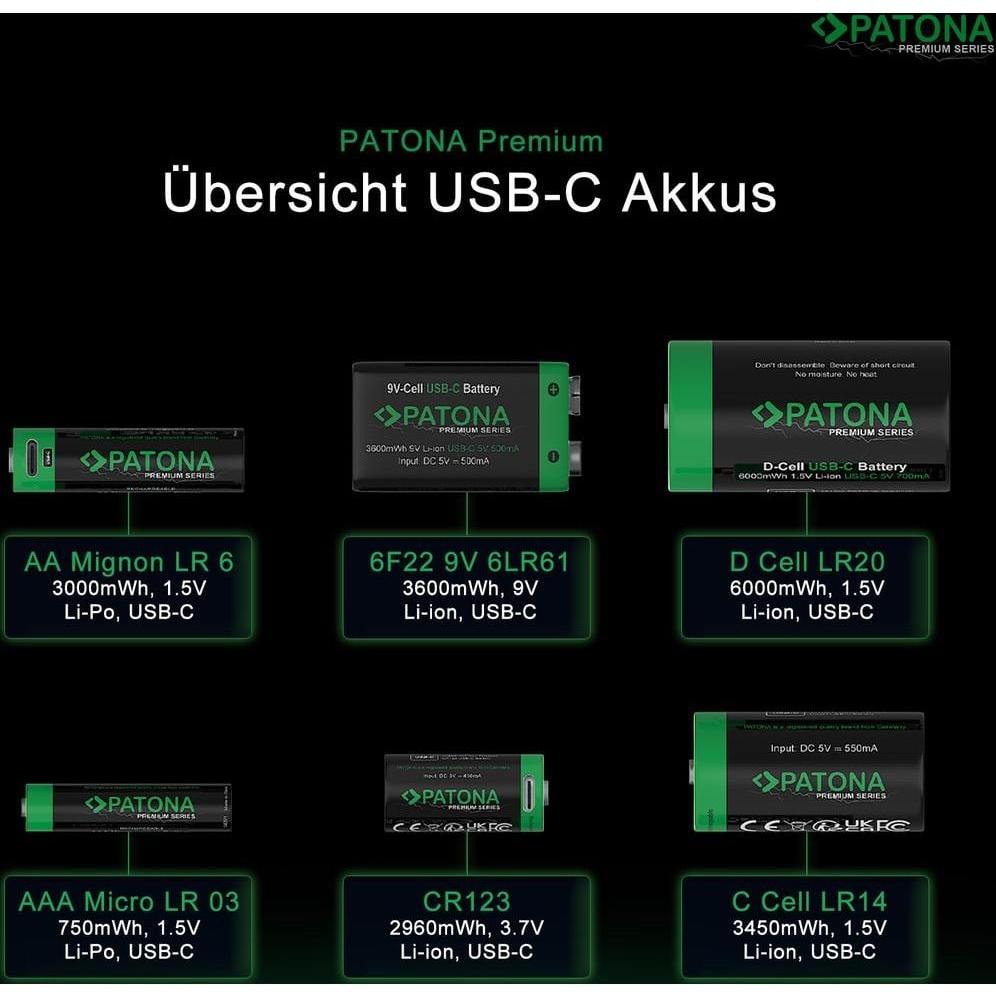 Patona Batteria ricaricabile Premium 4x CR123 USB-C, Alimentatore fotocamera