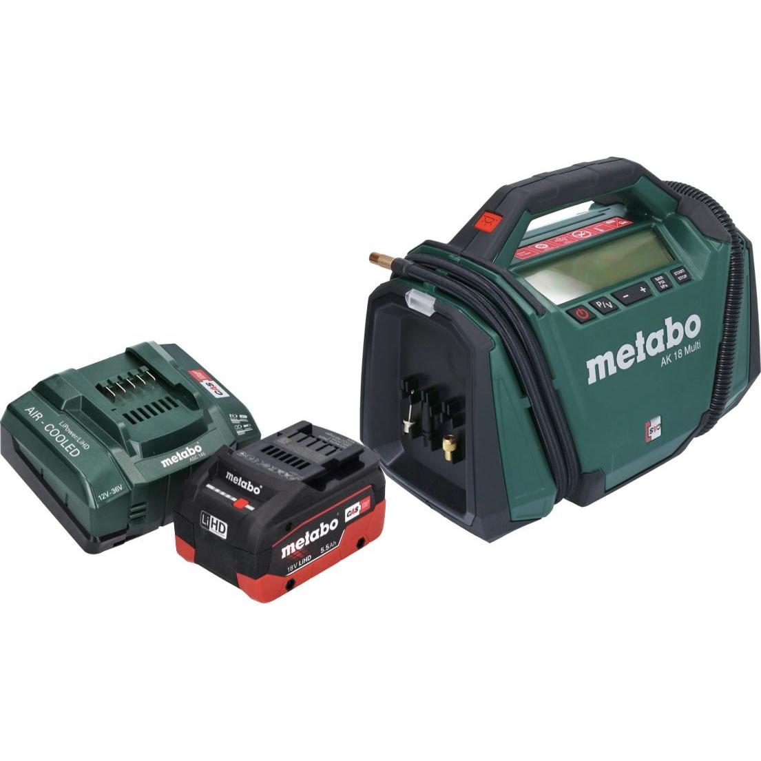 Thumbnail - Metabo, Kompressor, AK 18 Multi Akku Kompressor 18 V 11 bar + 1x Akku 5,5 Ah + Ladegerät (11 Bar, 0 l)