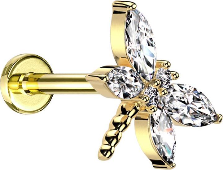 Produktbild Star Piercing Micro Threadless Labret vergoldet Libelle vergoldet Flügel Kristalle silber (Messing, Chirurgenstahl 316L)