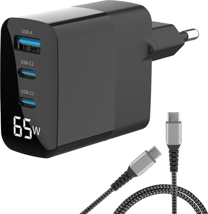 Eaxus USB Ladegerät mit Ladekabel, 3 Ports, 2x Typ-C & 1x Typ-A, 65 Watt, schwarz (65 W)