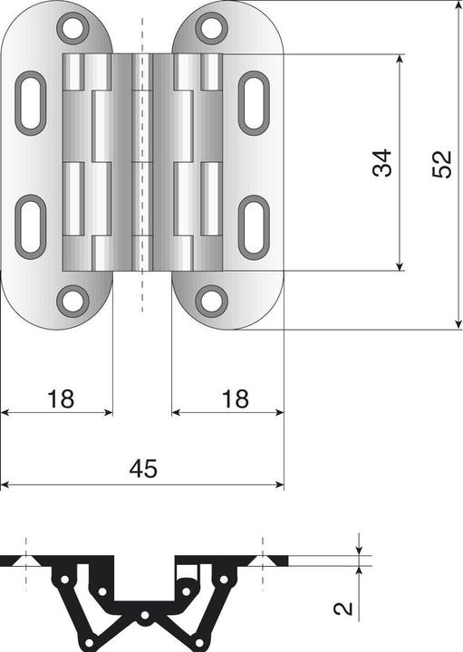 Produktbild SEPA Einlass-Scharnier, 52x18 mm, ÖW 180 Grad, Messing vernickelt matt