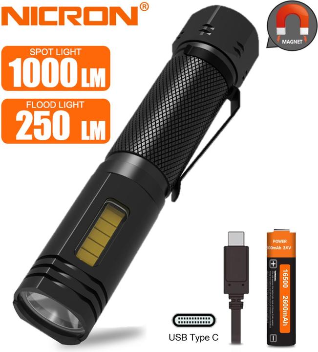 Actual product image Nicron Torch with powerful white light 1000 lm and a strong magnet