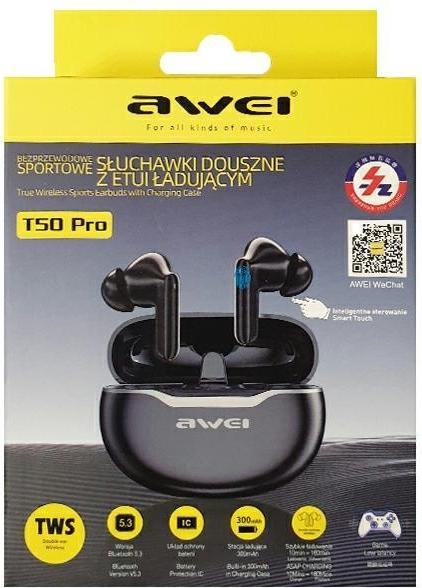Actual product image Awei słuchawki Bluetooth 5.3 T50 ENC + stacja dokująca czarny/black (NC, Wireless)