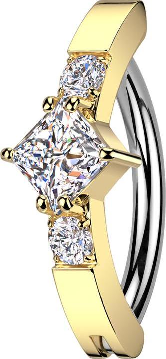 Produktbild Star Piercing Banane klappbar vergoldet Schild zwei runde ein quadratischer Kristall silber (Messing, Chirurgenstahl 316L)