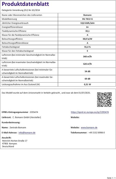Actual product image Bomann DU 7612 G (Wall hood)