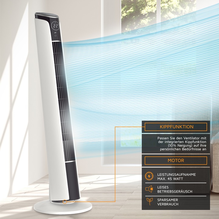 Produktbild Brandson Turmventilator, Fernbedienung, 10° neigbar, Oszillation, 4 Modi, Standventilator 108cm, weiss (52 dB)