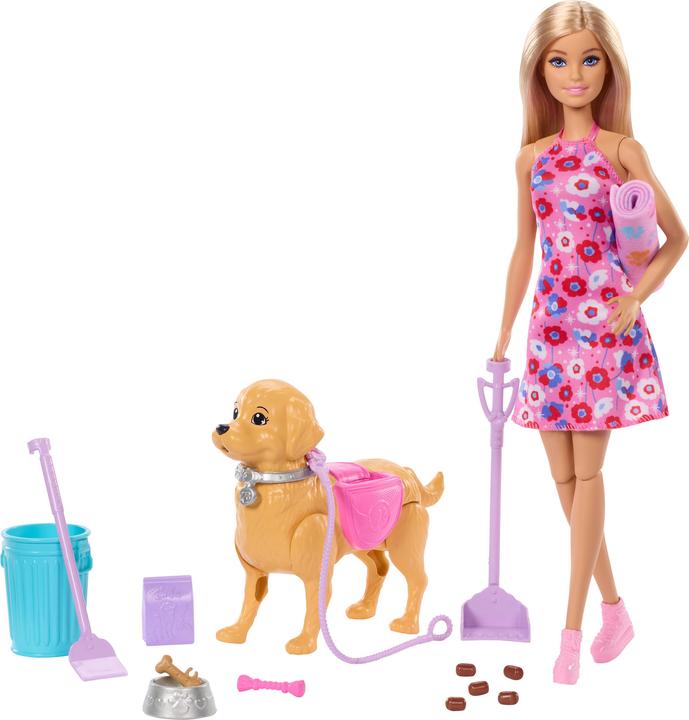 Produktbild Barbie Malibu Hundespaziergang Spielset, enthält Puppe, Hund zum Spazierengehen und Häufchenmachen