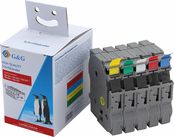 Set of 5 14977 Compatible replaces Brother TZe-231, TZe-431, TZe-5 (1.20 cm, Multicoloured)