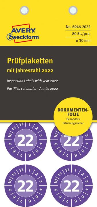 Produktbild Avery Dennison Zweckform Prüfplaketten, 2022, NoPeel, violett, 30 mm abziehsicher, aus Sicherheits-Folie, hinterläs
