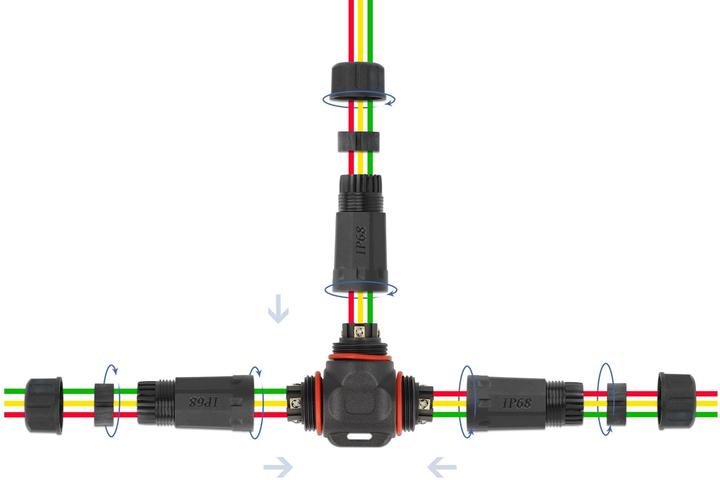 Produktbild Delock Kabelverbinder T-Form für Aussenbereich 3 Pin, IP68 wasserdicht, schraubbar, Kabeldurchmesser 4,5