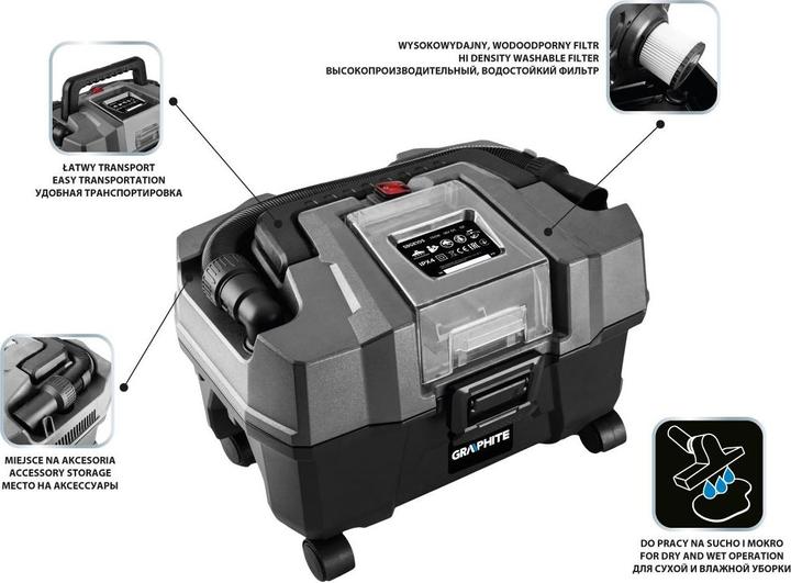 Graphite Aspiratore da officina Energy + 18V, Li-Ion, 10 L, senza batteria (Aspirapolvere a umido e a secco)