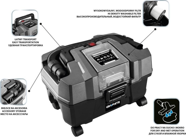 Immagine prodotto Graphite Aspiratore da officina Energy + 18V, Li-Ion, 10 L, senza batteria (Aspirapolvere a umido e a secco)