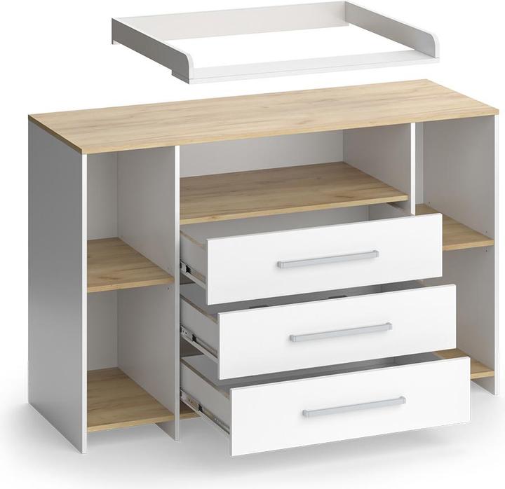 Vicco Wickelkommode Oskar, Weiss/Goldkraft Eiche, 143.2 x 93 cm mit 3 Schubladen