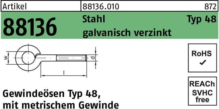 Produktbild Gewindeöse R 88136 Typ 48 M 12 x100 D 18 Stahl galvanisch verzinkt (25 Stk.)