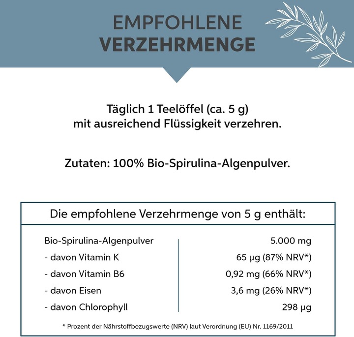Valeurs nutritives et ingrédients Eltabia Poudre de spiruline bio | Qualité crudité premium (Poudre)