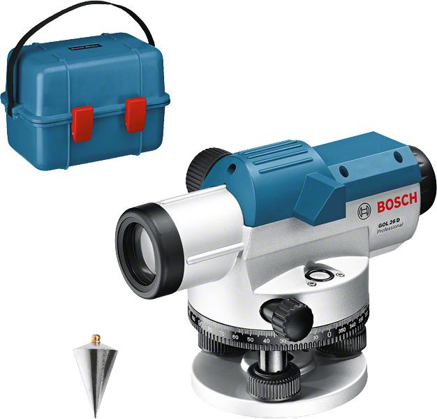 Bosch Professional Optisches Nivelliergerät GOL 26 D, mit Baustativ BT160, Messstab GR 500