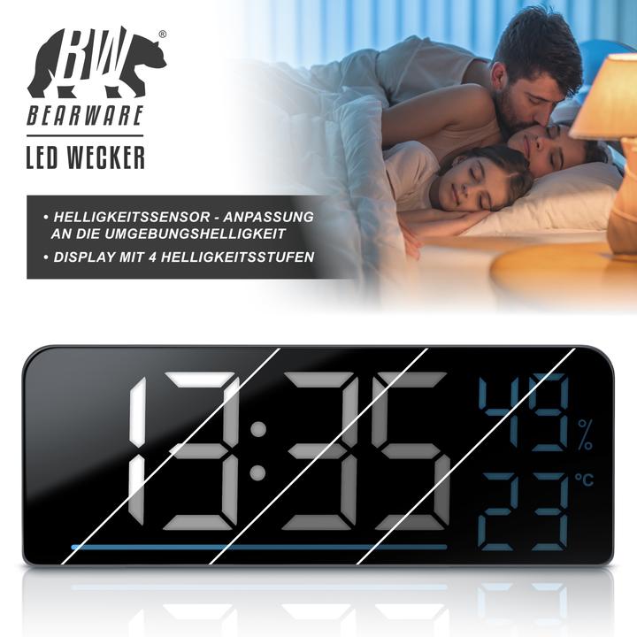 Actual product image Bearware Radio alarm clock digital, LED with 2 alarm times, large display, snooze, temperature & humidity