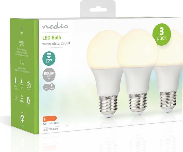 Image du produit Nedis LBE27A602P3 Lampe LED E27 A60 8.5 W 806 lm 2700 K blanc chaud 3 pièces (E27, 806 lm, 3x)