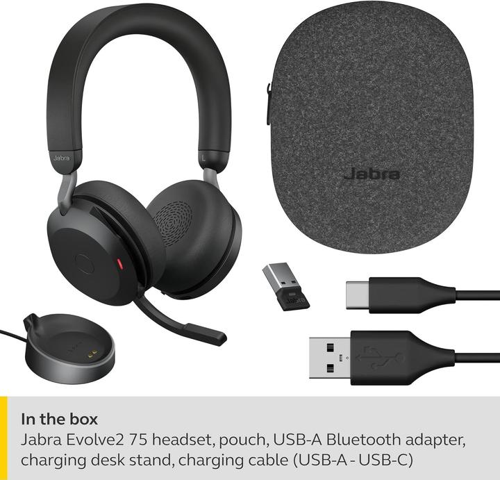 Productafbeelding Jabra Evolve2 75 MS Stereo + Oplaadstation (Draadloze, USB-A, Microsoft Teams)