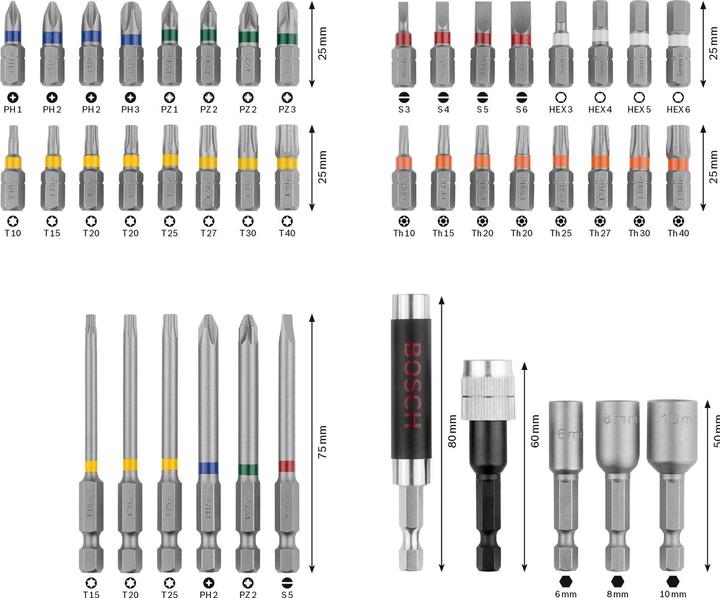 Produktbild Bosch Professional Zubehör Bits-Satz mit Klingenhalter - 43 Stk (Innensechsrund TX M10, Innensechsrund TX M15, Innensechsrund TX M20, Innensechsrund TX M30, Sechskant (hexagonal) M5, Sechskant (hexagonal) M6, Sechskant (hexagonal) M8, Sechskant (hexagonal) M10, Innensechsrund TX Mit Loch M25, Innensechsrund TX mit Loch M27, Innensechsrund TX mit Loch M30)