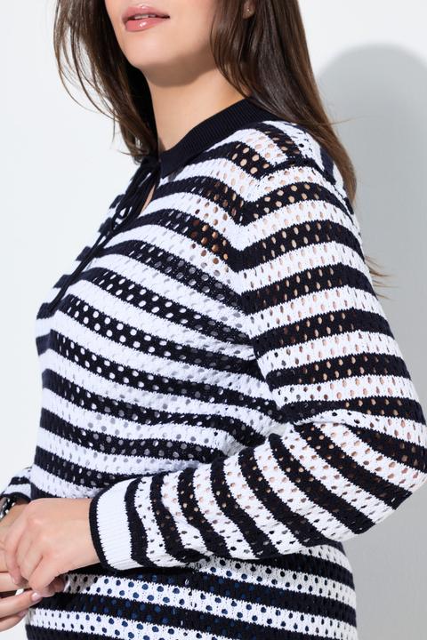 Produktbild Ulla Popken Polo-Pullover, Lochstrick, Ringel, Langarm (56)