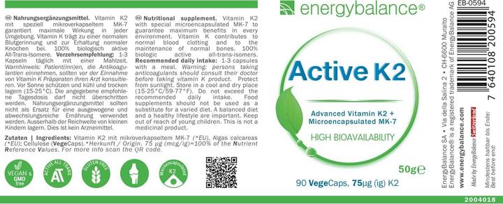 Nährwerte und Zutaten Energybalance Active K2 Vitamin MK-7 (90 Stück, Kapseln, 50 g)